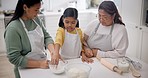 Baking, flour  and family in a kitchen with learning, smile and cooking with mom, child and grandma. Happy, help and support of mother, young girl and grandmother care together with food in a home