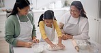 Baking, helping and family in a kitchen with learning, care and cooking with mom, child and grandma. Happy, youth and support of mother, young girl and grandmother together with flour in a home