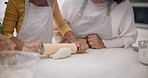 Dough rolling pin, hands and family baking pastry, cookie or teaching child, learning and help with wheat flour. Closeup kitchen, home chef and people cooking, support and prepare food ingredient