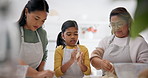 Food, cooking and help with family in kitchen for learning, support and baker. Happy, nutrition and generations with women and child baking at home for breakfast, health and teaching together