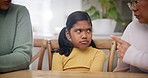 Parents, discipline and warning to child in home, problem or conflict to fight. Family, girl and frustrated kid with punishment for behavior, lesson and mistake to fail in lecture at table of house