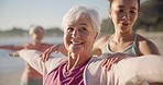 Beach class, teacher and old woman doing yoga exercise, outdoor wellness and relax workout in nature. Instructor, elderly face and happy person learning pose, training and yogi coach teaching pilates