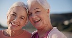 Portrait, yoga and senior women on the beach together as friends for a mental health workout by the ocean. Fitness, wellness and smile with old people at the sea for pilates training in nature