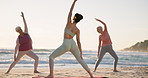 Beach yoga class, old people and back of teacher coaching pose, wellness and morning workout. Sea, retirement community and spiritual group learning pilates, training and personal trainer teaching