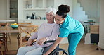 Caregiver, nursing home and senior woman in wheelchair for medical service, physical therapy or support in retirement. Nurse helping old patient with disability, rehabilitation or healthcare recovery