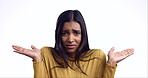 Confused, choice and Indian woman shrug with hands in studio white background with offer, product placement or decision mockup. Doubt, opinion and ideas with student or person thinking with questions