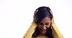 Noise, mental health and face of woman on a white background for stress, anxiety or burnout. Depression, screaming and portrait of girl with anger, frustrated or bipolar for psychology on a backdrop