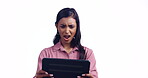 Woman, shocked and what or stress on tablet for mistake or marketing error on a white background. Young person reading or confused for wrong email, scam or 404 glitch on digital technology in studio