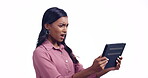 Woman, shocked and what on tablet for news, mistake or marketing error on a white background. Young person reading, questions and confused for wrong email, scam or 404 on digital technology in studio