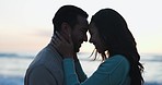 Hug, sunset and silhouette of couple at beach for relax, summer vacation and travel. Happy, love and wellness with man and woman embrace on seaside date for holiday, marriage and peace together