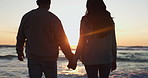 Holding hands, sunset and silhouette of couple at beach for relax, summer vacation and travel. Happy, adventure and wellness with man and woman on seaside date for holiday, marriage or peace together