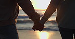 Beach silhouette, sunset and couple walking, holding hands and journey to ocean waves, sea water or outdoor view. Anniversary, sunshine and dark shadow of closeup people bonding on travel holiday