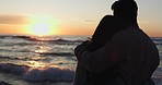 Beach sunset, view and relax couple silhouette, hug and bond on tropical island, romantic date or weekend getaway. Sea water, ocean waves and relationship people hugging with trust, affection or love