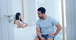 Man, thinking or angry couple on bed with stress problem, breakup crisis or abuse in marriage. Infertility, divorce or frustrated people in conflict for cheating affair, drama or fight in toxic home