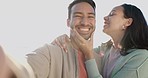 Face, selfie and couple at beach, kiss and bonding together on vacation. Portrait, interracial man and funny woman in profile picture, happy memory and laugh on holiday to travel on sunset lens flare