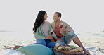 Love, picnic and wine with couple at beach for celebration, anniversary and relax on vacation. Happy, food and travel with man and woman on romantic seaside date for holiday, summer or party together