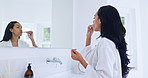 Home bathroom, mirror and woman brushing teeth for morning routine, tooth cleaning or self care. Reflection, toothbrush and person grooming for oral hygiene, dental or mouth plaque treatment