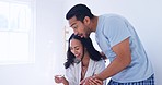 Happy, excited and couple with positive pregnancy test in the bathroom for celebration together. Smile, love and young man with support for pregnant woman with a fertility stick device in modern home