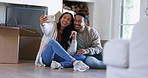 Selfie, keys and moving with couple in new house for social media, real estate and property. Future, communication and profile picture with excited man and woman at home for finance, success and sale