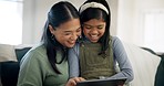 Home tablet, relax child and mother reading, typing and teaching e learning, web lesson or help girl with study. Elearning family, lounge couch and mom support young kid with remote online education