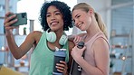 Fitness, friends and selfie in a living room after yoga, training or workout in their home together. Phone, profile picture and women health influencer smile for pilates blog, social media or podcast