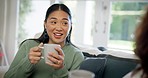 Coffee, home and women friends talking with conversation, advice and bonding on a sofa. Drink, tea and gossip with female person in living room with communication and happy conversation with smile