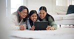 Child, mom and grandmother in home with tablet to play video games, watching movies and elearning app. Generation of happy family, girl kid and digital tech for streaming cartoon multimedia on floor