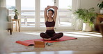 Woman, yoga and stretching with tablet in online class, fitness or zen workout on mat in living room at home. Calm female person or yogi in body warm up with technology for tutorial or pilates lesson