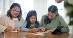 Education, grandmother and mother help child writing homework as support or care on a home table together. Learning, development and happy parent teaching kid creativity and growth as student