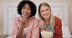 Television, happy and women friends on a bed with popcorn for movie, comedy or standup show at home. Comic, snack and ladies watching tv in a bedroom laugh, bond and relax with streaming subscription