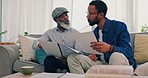 Planning, father and son with paperwork, conversation and pension fund with retirement, home or communication. Family, black men or dad with adult on a couch or documents for insurance or real estate