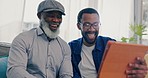 Video call, talking or father with son, tablet or funny with planning, connection or social media. Conversation, dad or black men on a couch, tech or home with network, discussion or online chatting