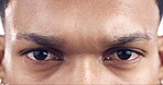 Eye care, portrait and face of man with serious expression for vision test, focus exam and contact lenses. Wellness, person and zoom of eyes for health check, eyesight and retina investigation