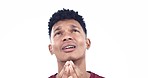 Crying, sad and face of man in prayer on white background for depression, heartbreak and guilt. Grief, tears and isolated unhappy person praying for help for mourning, emotions and hurt in studio