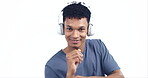 Face of man, headphones and dance in studio to celebrate freedom, party and audio media on white background. Portrait of happy model with energy, listening to hip hop music and hearing sound on radio