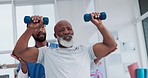 Senior care, support and physiotherapist with black man, weights and healthcare rehabilitation gym. Physio, fitness coach and or caregiver with elderly patient in mobility training clinic in Africa.