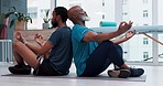 Black people, yoga and personal trainer in physiotherapy, zen workout or exercise together at clinic. African yogi men in lotus, meditation or fitness in spiritual wellness, mindfulness or awareness