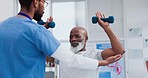 Senior care, rehabilitation and physiotherapist with old man, dumbbell and help in healthcare. Physio, fitness coach or caregiver with elderly patient stretching in mobility training clinic in Africa