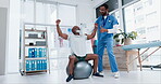 Physiotherapist, exercise and old man stretching arms for mobility, rehabilitation and healing at health clinic or medical office. workout, people and healthcare professional with patient for fitness