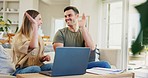 High five, budget and a couple with success and a laptop for teamwork in home finance planning. Excited, win and a happy young man and woman with paperwork, computer and a gesture for trading on a pc