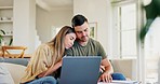 Hug, budget or couple with laptop, paperwork or banking documents for bills together at home. Depression, man or sad woman frustrated by financial debt, investment portfolio loss or insurance on loan