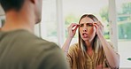 Woman shout at man in fight, divorce and anger of argument, breakup or complain of cheating at home. Face of angry couple in conflict, crisis and scream at frustrated partner for drama, blame or hate