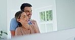 Man, woman and hug for brushing teeth, mirror and bathroom in home, love and dental wellness for hygiene. Happy couple, toothbrush and embrace with clean mouth, results and healthy smile in morning