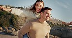 Love, airplane and couple at the beach for travel, piggyback and bond with freedom, fun and happy in nature. Flying, carrying and man with woman at sea for holiday celebration at the ocean in Bali