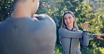 Park fitness, stretching and happy woman, couple or team smile with personal trainer, coach and prepare for cardio exercise. Nature, workout and sports athlete, runner or people start running warm up