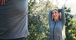 Park fitness, stretching and happy couple of friends smile for exercise challenge, morning cardio or sports training. Nature fresh air, woods and nature woman, runner or people start running warm up