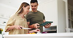 Tablet, diet and a couple cooking in the kitchen of their home together for health or nutrition. Food, love or smile with a man and woman preparing a meal with vegetables for wellness or hunger