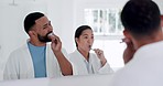 Bathroom, mirror or couple brushing teeth, health or oral care with morning routine, home or smile. Fresh breath, man or woman cleaning mouth, dental hygiene or funny with tooth whitening or wellness