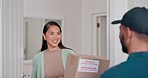 Knock, woman smile and delivery man at door, package and parcel box in home for ecommerce. Cargo, happy and customer talking to courier for online shopping, shipping service and retail logistics