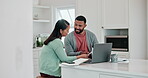 Couple, laptop and documents for home budget, financial planning and taxes or asset management in kitchen. Happy people with paperwork, bills and payment discussion on computer for rent or mortgage